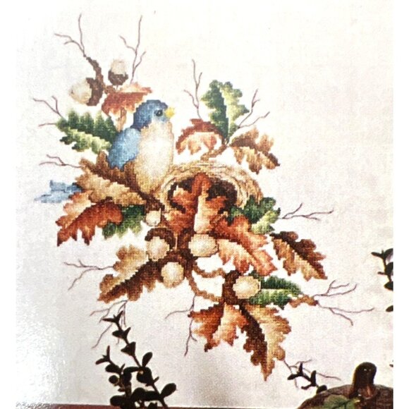 Autumn Nest Cross Stitch Pattern Featuring Bluebird & Oak Leaves - Picture 3 of 4